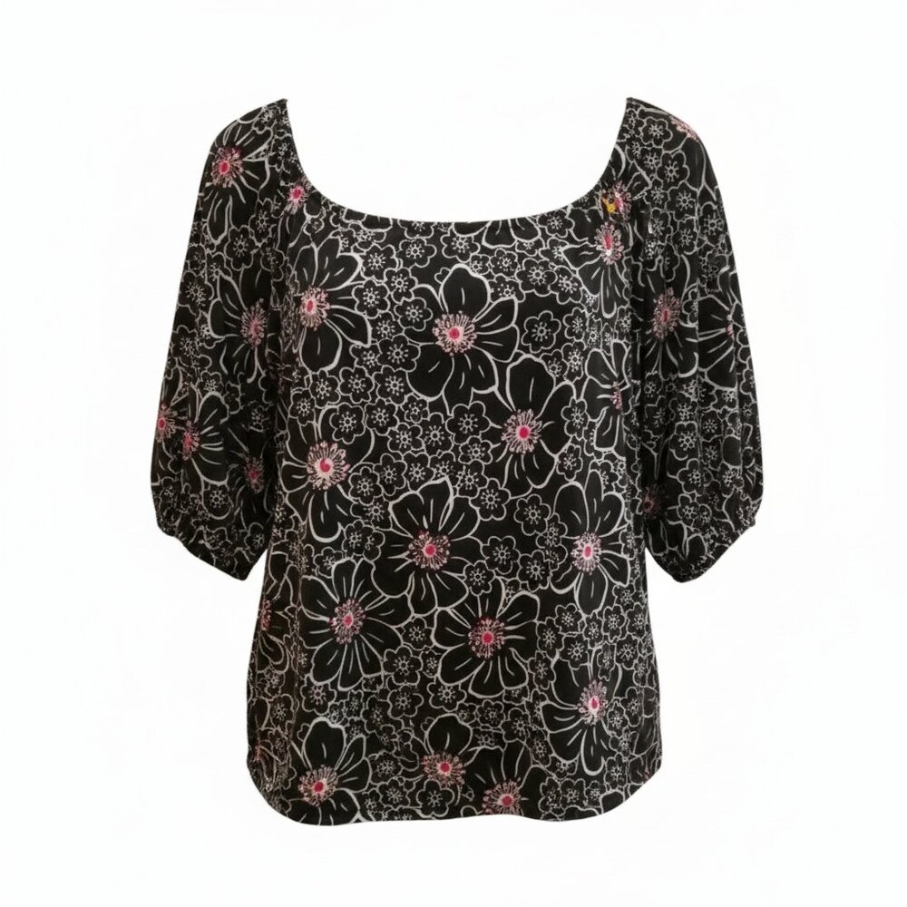 Venezia Floral Peasant Blouse 18 20 Black Pink Puff Sleeve Cottagecore Top